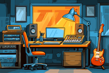 Modern Music Studio Workspace Featuring Instruments and Equipment