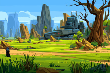 Futuristic Landscape with a Crash Site and Abandoned Structure