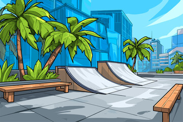 Urban Skatepark with Palm Trees and Modern Buildings in the Background