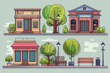 Colorful Illustrated Townscape with Charming Buildings and Lush Vegetation