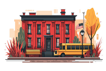 Charming Red Building with School Bus and Autumn Scenery