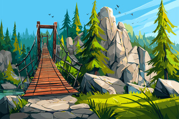 Vibrant Suspension Bridge in Lush Forest Landscape