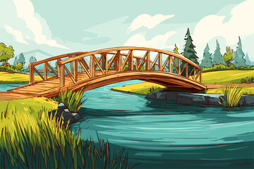 Serene Wooden Bridge in a Vibrant Natural Landscape with Lush Greenery