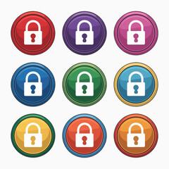 Nine Colorful Padlock Icons on Round Buttons