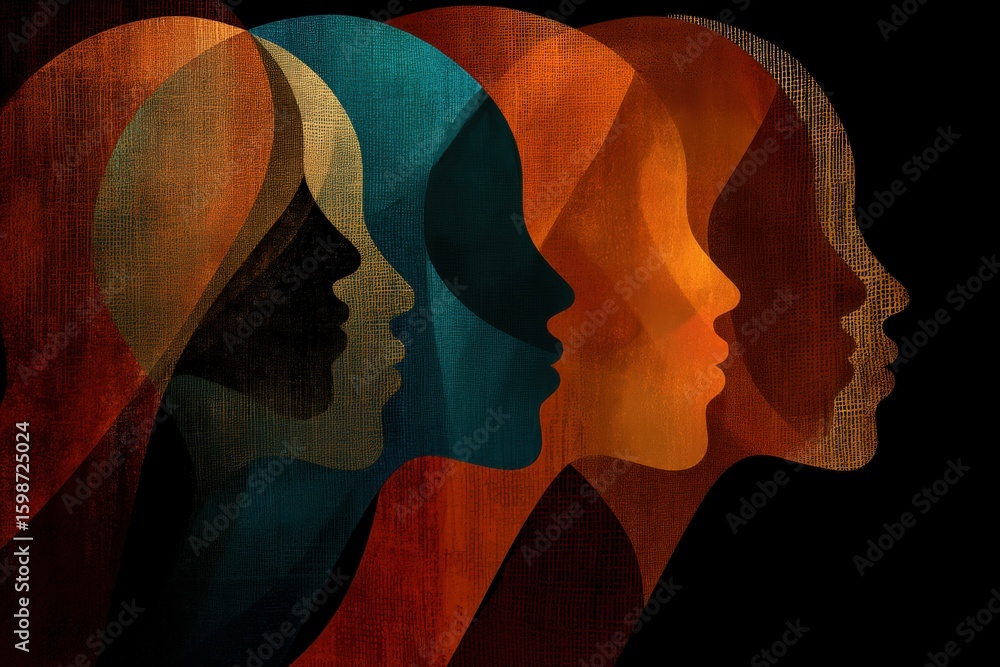 Poster abstract representation of diverse human profiles illustrating emotional depth and identity captured