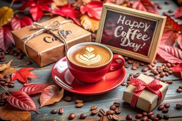 Photo of a vibrant red cup of coffee with latte art sits on a matching saucer surrounded by autumn leaves gift boxes and a happy coffee day sign