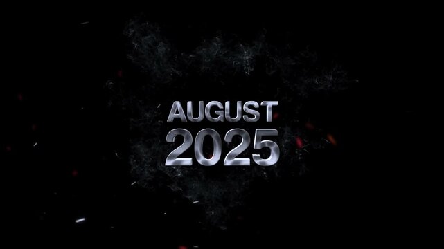 2025 August Text Animation, The month of august and the year 2025 are presented in a smoky ethereal font with glowing embers on a dark background