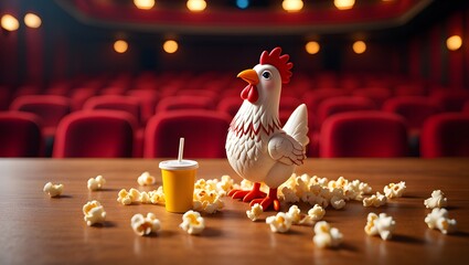 Playful Rooster Enjoys Movie Night with Popcorn and Soda
