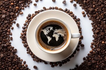 Naklejka premium Photo of a topdown view of a white cup of coffee with a world map design in the foam surrounded by coffee beans on a white surface