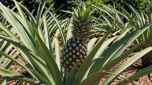 A pineapple growing in a field surrounded by its leaves under a bright sunny sky in the daytime
