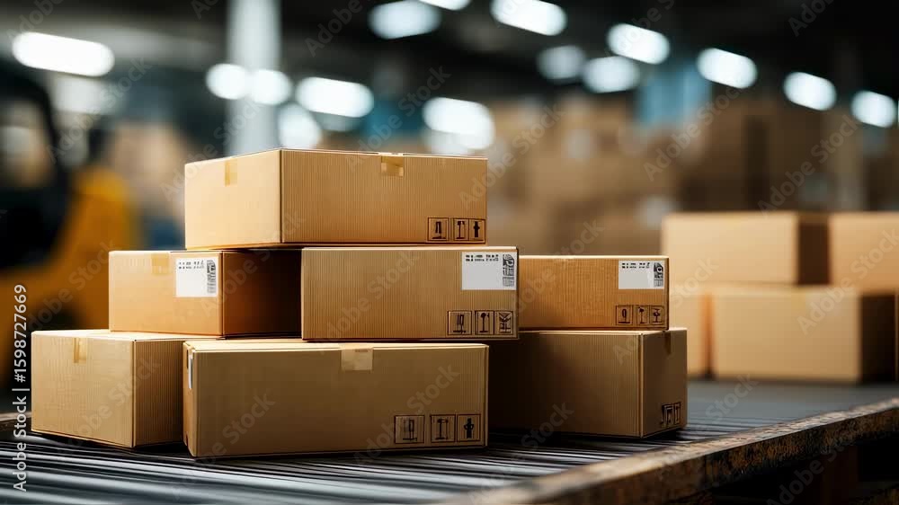 Poster cardboard boxes with shipping labels are moving on a conveyor belt inside a large distribution wareh