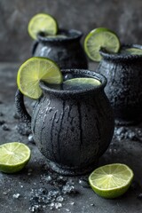 Black Magic Charcoal Limeade in Frosted Cauldron Mugs with Lime Slices
