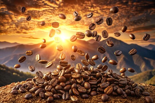 Photo of a large pile of dark roasted coffee beans is scattered across a landscape with mountains in the background during a vibrant sunset
