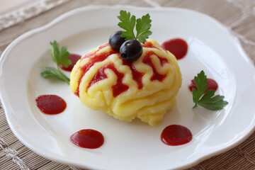 Mashed Potato Brain with Ketchup Veins and Olive Eyes on White Plate