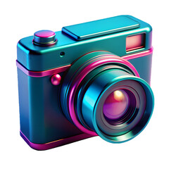 A stylish modern camera with a teal body pink accents and a large lens presented