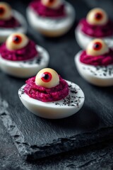 Halloween Deviled Eggs with Purple Filling and Candy Eyeballs on Slate Board