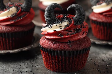 Devil Themed Red Velvet Cupcake with Black Horns and Sprinkles