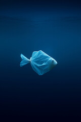 Fototapeta premium A fish made of plastic in dark waters: a powerful symbol of ocean pollution and its impact on marine life, pantone transformative teal color.