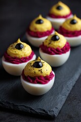 Monster Deviled Eggs with Yellow Filling and Black Olive Pupils