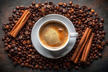 Photo of a white cup of coffee sits on a saucer surrounded by roasted coffee beans cinnamon sticks and star anise on a dark textured surface