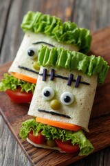 Frankenstein Tortilla Wrap Sandwiches with Lettuce Hair and Olive Eyes