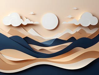 Layered Paper Cut Illustration of Landscape with Mountains and Clouds
