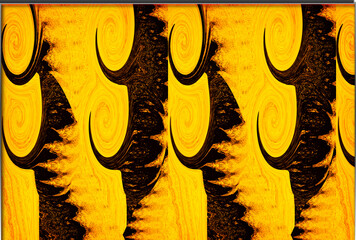 Swirling patterns of black and vibrant yellow create a dynamic and abstract visual experience. Curved, horn-like shapes repeat across the composition, enhancing the rhythmic flow and contrast.