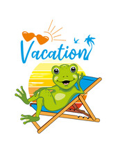 Happy little frog is relaxing on the deck chair