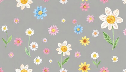 Floral pattern with colorful flowers on grey background  