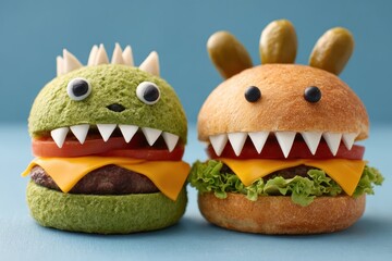 Monster Cheeseburgers with Green and Tan Buns and Toothpick Eyes