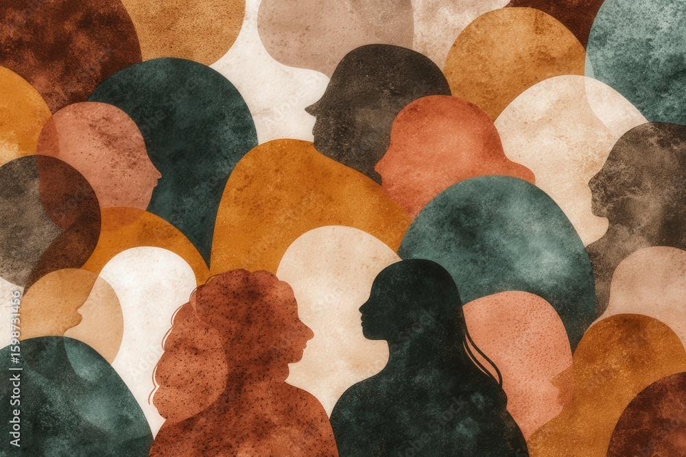 Aufkleber abstract silhouettes of diverse individuals intermingling in warm earthy tones embodying the tapestr