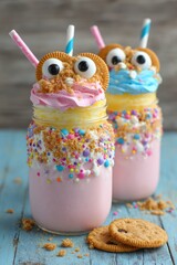 Colorful Monster Freakshakes with Cookie Eyes and Sprinkles in Mason Jars