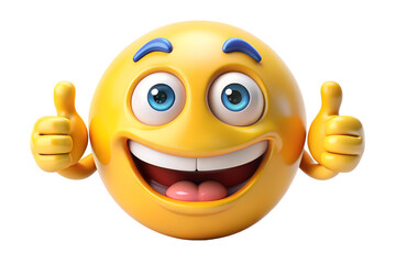 Photo of a bright yellow emoji with big blue eyes and a wide smile gives a double thumbsup gesture conveying happiness and approval isolated on transparent