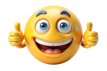 Photo of a bright yellow emoji with big blue eyes and a wide smile gives a double thumbsup gesture conveying happiness and approval isolated on transparent