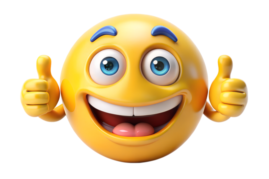 Photo of a bright yellow emoji with big blue eyes and a wide smile gives a double thumbsup gesture conveying happiness and approval isolated on transparent