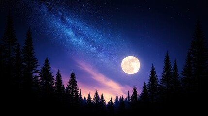 Serene night sky with a full moon illuminating a forest under a starry backdrop