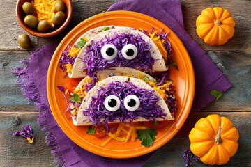 Monster Tacos with Purple Cabbage and Edible Eyes on Orange Plate