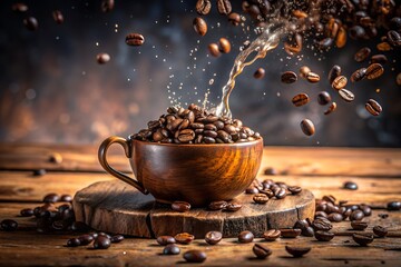 Photo of a rustic wooden cup overflows with roasted coffee beans with some splashing out in a dynamic motion against a dark textured background