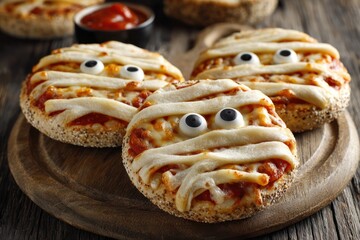 Mini Mummy Pizzas with Olive Eyes and Cheese Strips on Wooden Tray