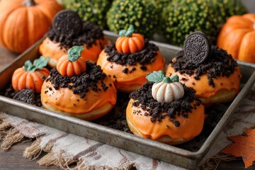 Pumpkin Donuts with Orange Glaze and Cookie Crumble in Autumn Tray