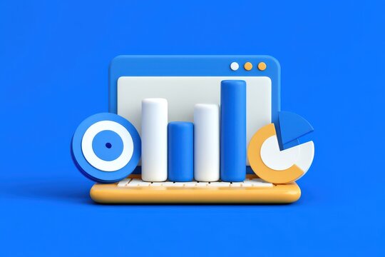 Engaging digital marketing analytics representation showcasing colorful graphs and data visualization on a sleek laptop surrounded by a vibrant blue backdrop captured with clarity