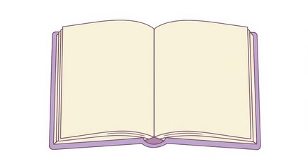 Open empty book with cream pages and lavender cover, lying flat on white background, symbolizing education, creativity, and reading in a simplistic style