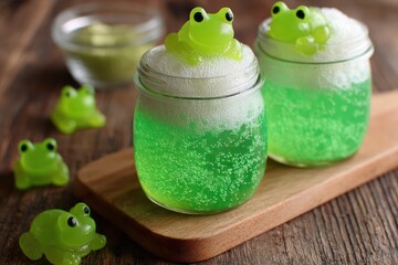 Bubbly Green Fizz Drink in Jars with Gummy Frogs and Foam