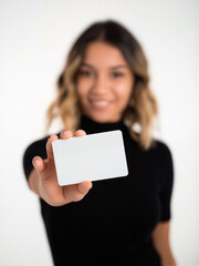white card with beautiful blonde woman holding card
