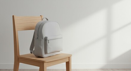 Elegant minimalist gray backpack with sleek design placed on light wooden chair against plain wall illuminated by sunlight, creating a modern, serene atmosphere