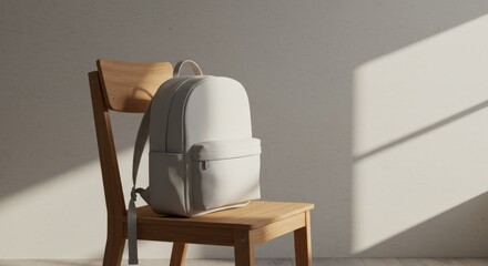 Minimal white backpack with adjustable straps resting on a wooden chair illuminated by natural sunlight, creating a serene, modern interior aesthetic