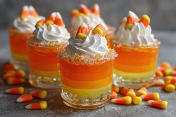 Candy Corn Jello Parfaits with Whipped Cream and Sugar Rim