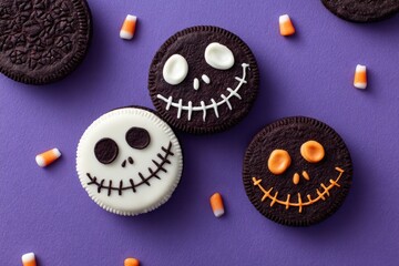 Chocolate Sandwich Cookies Decorated with Halloween Faces on Purple Background