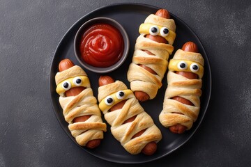 Crescent Wrapped Mummy Hot Dogs with Cheese and Candy Eyes on Black Plate