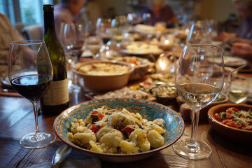 A table with a variety of food and drinks, including wine and a bowl of pasta